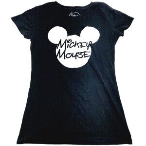 Disney Mickey Mouse T-Shirt Rare Ears Script Head Black S M Juniors Cotton